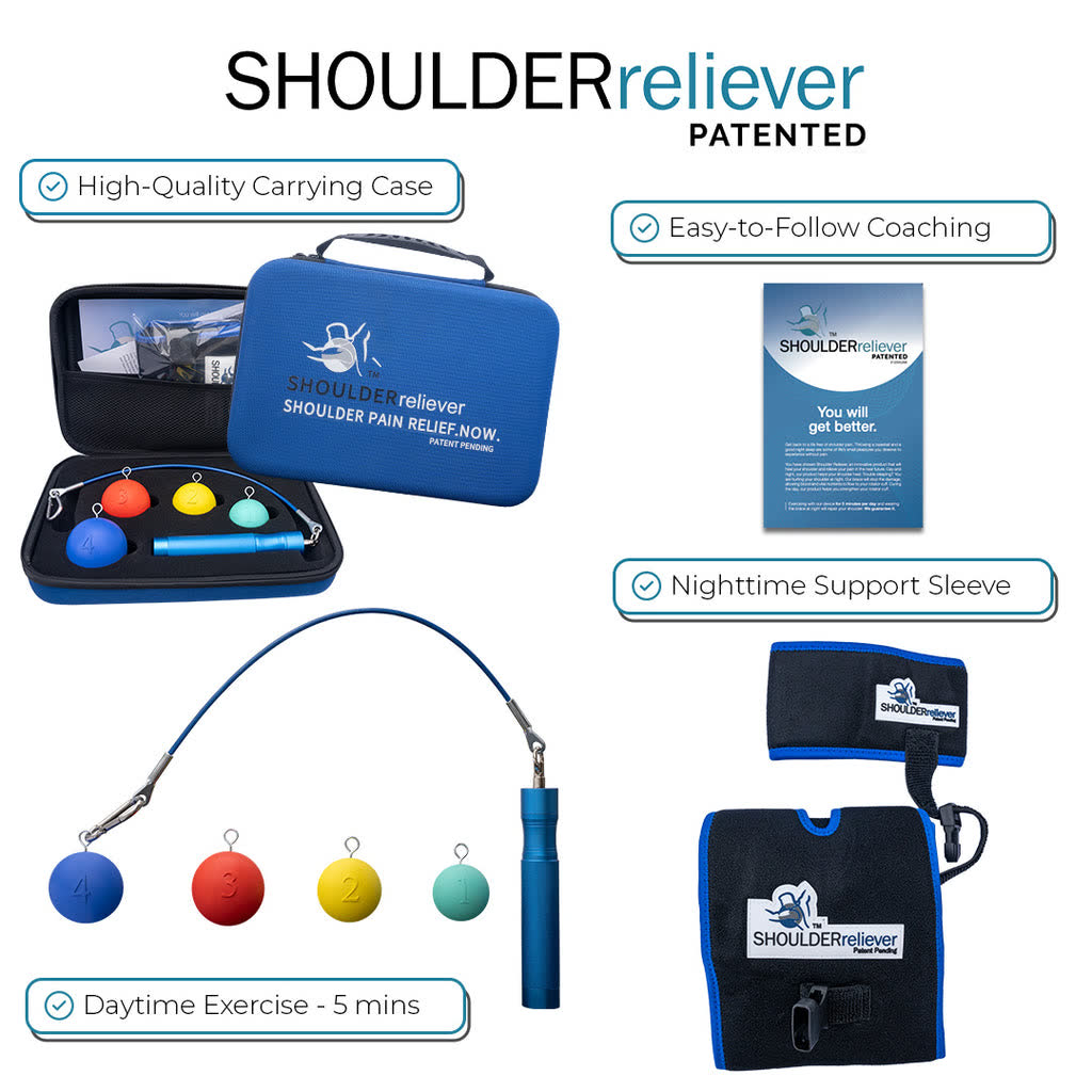 The Shoulder Reliever kit laid out: weighted pendulum, four balls, nighttime support sleeve, and hard-shell case