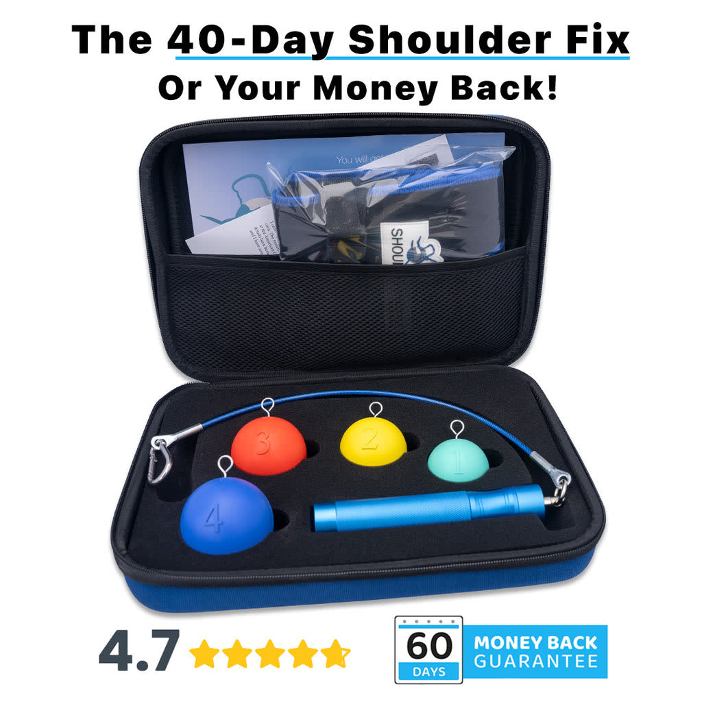 The Shoulder Reliever hard-shell case opened, showing the full kit inside