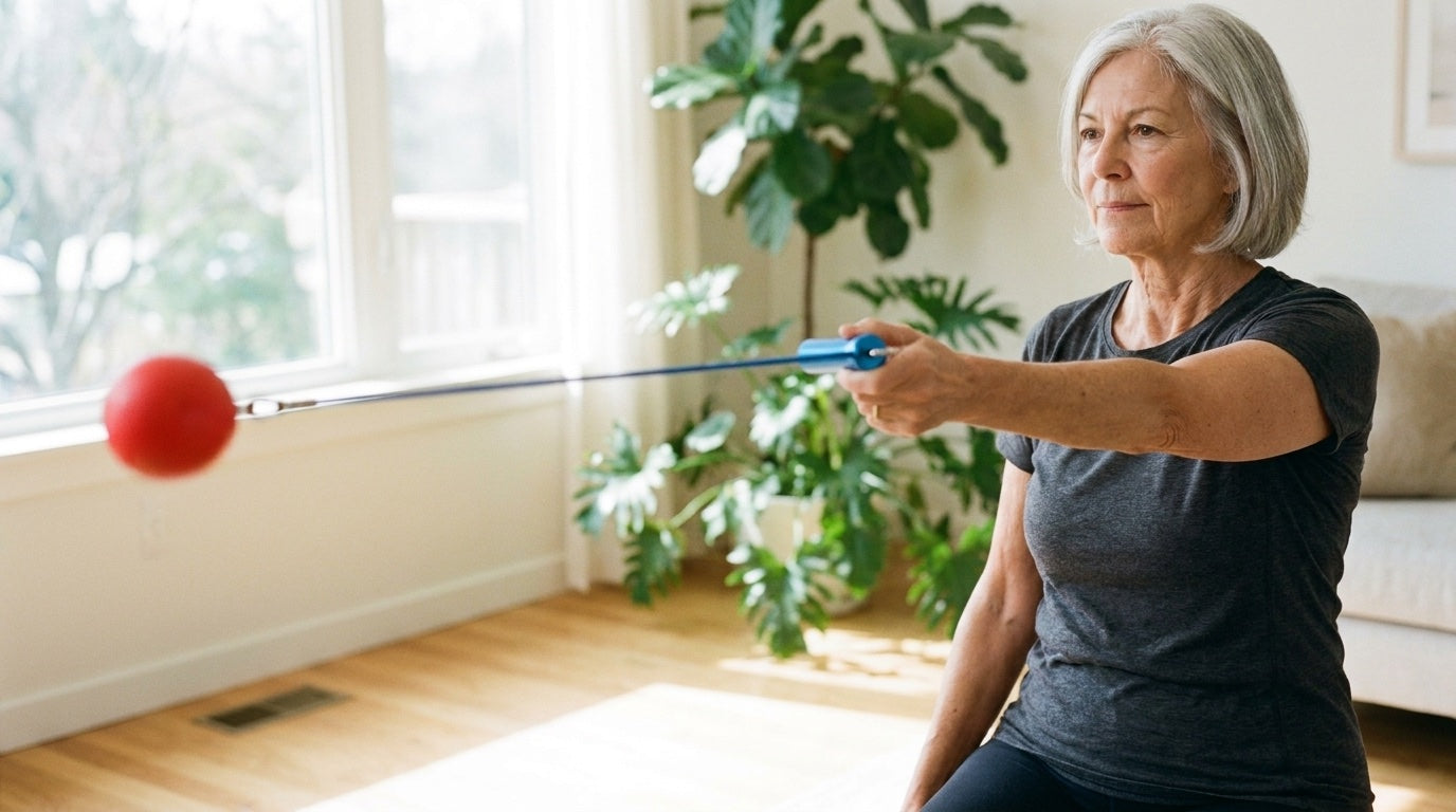 A woman in her sixties doing the ShoulderReliever daily pendulum exercise with the weighted-ball device in a sunlit room at home